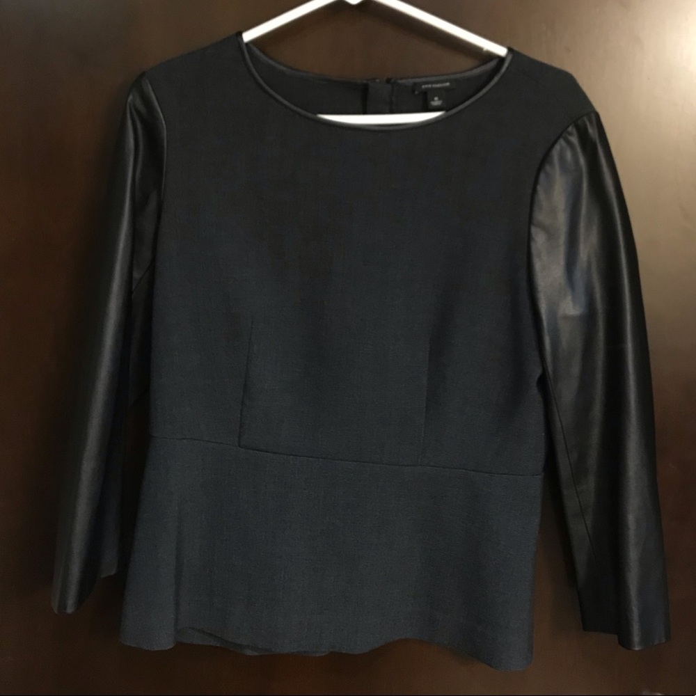 Dark Gray and Black Leather Sleeves Peplum Shirt